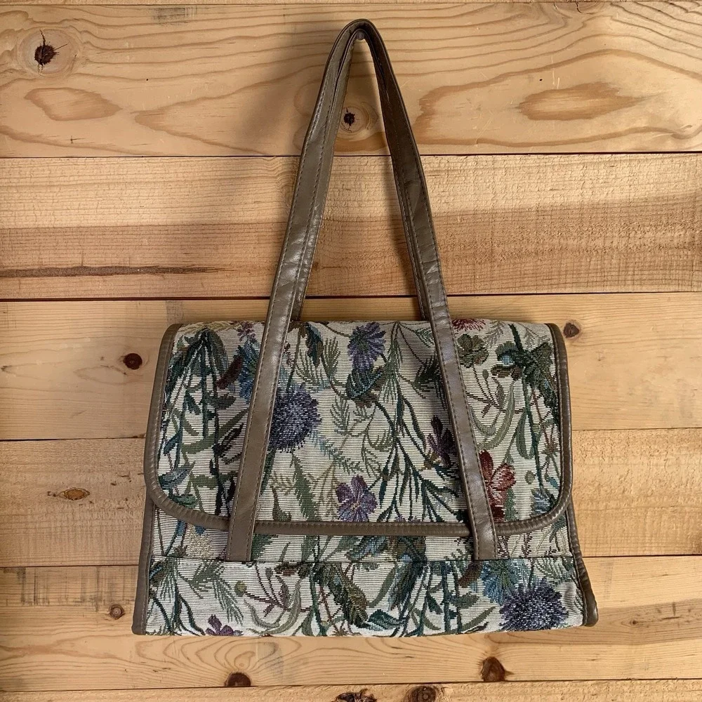 Botanical Floral Shoulder Bag Satchel Tapestry Carpet‎ Faux Leather Cottagecore